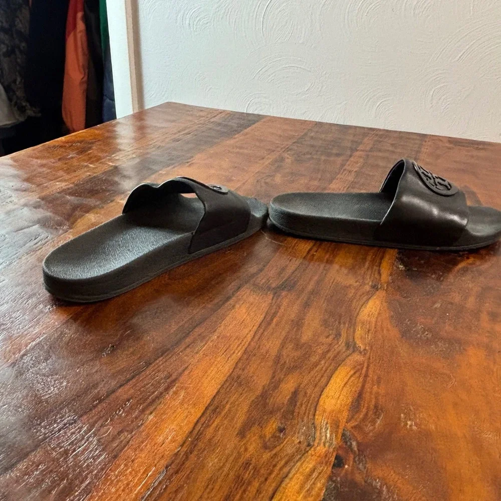 Tory Burch Miller Cloud Black Leather Logo Slide Sandals Womens Size 9